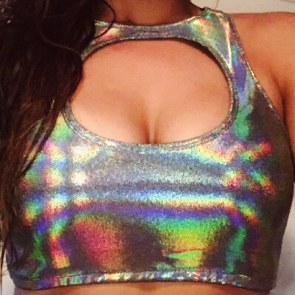 Dolls Kill Tops - Hologram Keyhole Festival Rave Crop Top